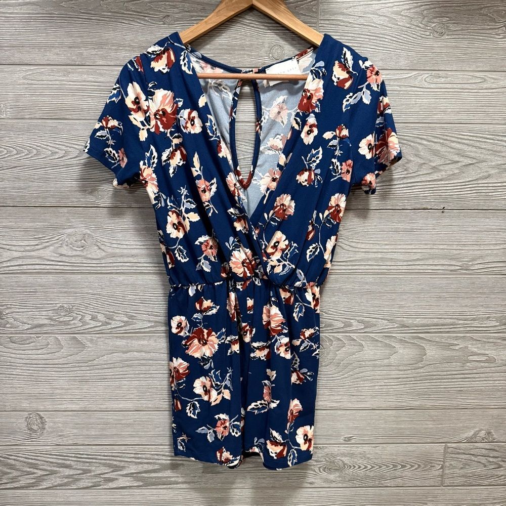 French Grey Women's Floral Wrap Romper Size S Navy Romantic Cottagecore Stretchy